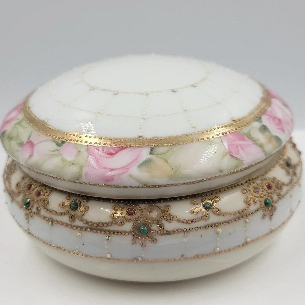 Vintage Hand‎ Painted Nippon Floral Trinket Box with Lid Gold Trim